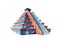 Mesoamerican pyramid isolated. Painted and decorated with carvings in a white background.