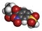 Mesotrione herbicide molecule. 3D rendering. Atoms are represented as spheres with conventional color coding: hydrogen white,.