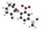 Mesotrione herbicide molecule. 3D rendering. Atoms are represented as spheres with conventional color coding: hydrogen white,.