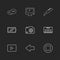 message , monitor , cutter , battery , click , casette , play ,youtube , left ,arrow , stop , eps icons set vector