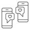 Messages with hearts in smartphone thin line icon, love and dating concept, texting likes vector sign on white