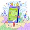 Messenger service vector illustration with people messaging each other in chat. Mobile phone screen with message boxes.