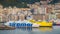 MESSINA, ITALY - NOVEMBER 06, 2018 - Panoramic view of the buildings on the side of the port in Sicily where big ferry ships are