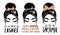 Messy bun with golden glitter bandana or headwrap and hair bow. Vector woman silhouette. Fashion quotes about mascara