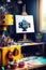 messy, chaotic artist\'s workshop, inside cute robot painting picture, AI Generative