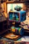 messy, chaotic artist\'s workshop, inside is a cute robot painting a picture. The picture is of another robot, AI Generative