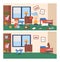 Messy and clean kids nursery or bedroom, cartoon flat vector illustration.