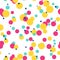 Messy colorful dots on white background. Magenta, blue, yellow festive seamless pattern with round shapes.