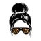 Messy hair bun, aviator glasses with leopard print. Vector woman silhouette. Female hairstyle.