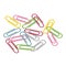 Messy scattered colorful paperclips.