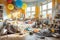 A messy and tidy child\\\'s bedroom with all kinds of things scattered on the floor