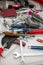 Messy tool desk top view scattered and unorganized work tools no people