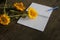 Messy wooden table with sunflower, open spiral notebook and a pen