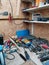 Messy workshop workbench and tools