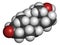 Mesterolone androgen molecule. 3D rendering. Atoms are represented as spheres with conventional color coding: hydrogen white,.