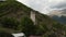 Mestia, Svaneti. Drone flying through the famous Svan towers at sunset