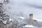 Mestia Svaneti Svan Medieval Tower Georgia. Sunny frosty snowy w