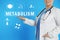 Metabolism concept. Doctor with stethoscope on blue background, closeup