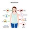 Metabolism. Explanation diagram with woman, food, and chemical reactions in a body