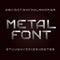 Metal alphabet font. Chrome effect letters and numbers on a dark background