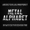 Metal alphabet font. Chrome effect letters and numbers on a dark background.