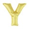 Metal balloon on a white background. Golden letter Y. Discounts, sales, holidays, anniversaries.