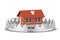 Metal Bear Trap with Cottage House Building. 3d Rendering