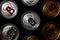 Metal beer cans background in the dark