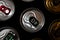 Metal beer cans in the dark black background. Various aluminum beverage cans.