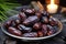 A metal bowl filled with raisins sits next to a candle glowing brightly, Fresh Medjool Dates, AI Generated