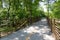 Metal bridge with railings and walking or biking path, trees and nature recreation area