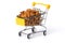 a metal cart filled with delicious almonds on a white insulated background