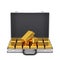 Metal case with gold bars.