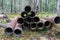 Metal casing pipes for geological wells. Pipes stacked in the forest for geological drilling