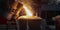 Metal cast process in blast furnace in metallurgical plant or factory.
