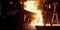 Metal cast process in blast furnace in metallurgical plant or factory.