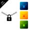 Metal chain and lock icon isolated on white background. Padlock and steel chain. Set icons colorful square buttons