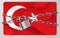 The metal chain and padlock with flag of the Republic of Turkey, isolated on gray background. Concept of protection, restrictions,