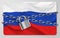 The metal chain and padlock with flag of the Russian Federation, isolated on gray background. Concept of protection, restrictions,