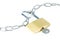 Metal chain and an unlocked padlock with key