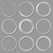 Metal circles frames set with shadows isolated on white background. Pack of silver luxury round borders. Vector illustration