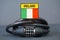 Metal code lock with numbers 2021 and badge with sign Ireland and Irish National flag. COVID 19 lock down concept. Grey background