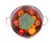 Metal colander full of vegetables.