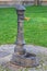 Metal column with water on the street for drinking with a green lawn