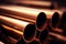 Metal copper pipes rusty dirty brown metallic tube stack production line industry pipeline construction site factory