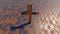 Metal cross on a rusted corroded metal or steel sheet background. 3d illustration metaphor for God, Christ