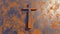 Metal cross on a rusted corroded metal or steel sheet background. 3d illustration metaphor for God, Christ