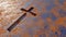 Metal cross on a  rusted corroded metal or steel sheet background. 3d illustration metaphor for God, Christ