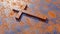 Metal cross on a rusted corroded metal or steel sheet background. 3d illustration metaphor for God, Christ