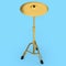 Metal cymbal on a stand on blue. 3d render of musical percussion instrument